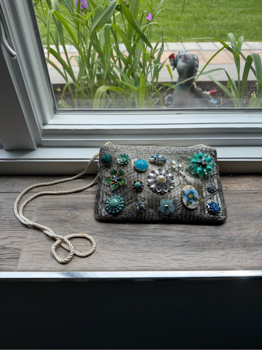 White/Grey Beaded Crossbody with Embellishments